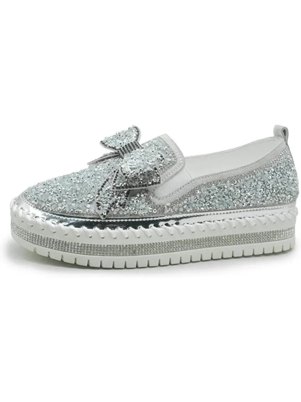 Women's Silver Rhinestones Glitter Fashion Bowknot Casual Walking Flat Sneakers